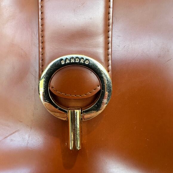 Sandro Brown Shiny Leather Shoulder Bag Structured Designer Logo 11x6x1 $425 - Picture 9 of 9